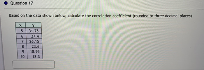 Solved Question 17 Based on the data shown below, calculate | Chegg.com