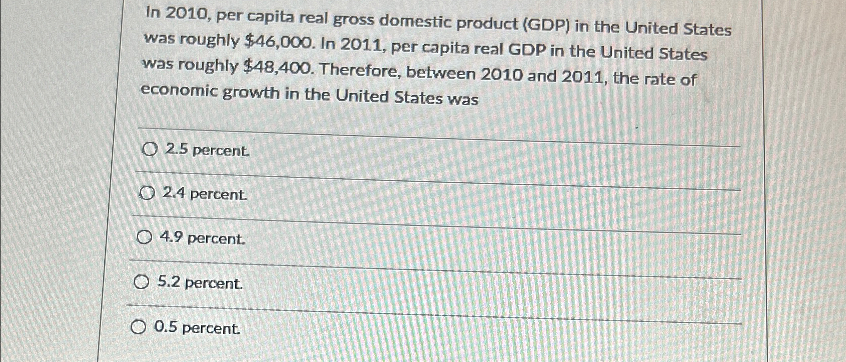 Solved In 2010, ﻿per capita real gross domestic product | Chegg.com