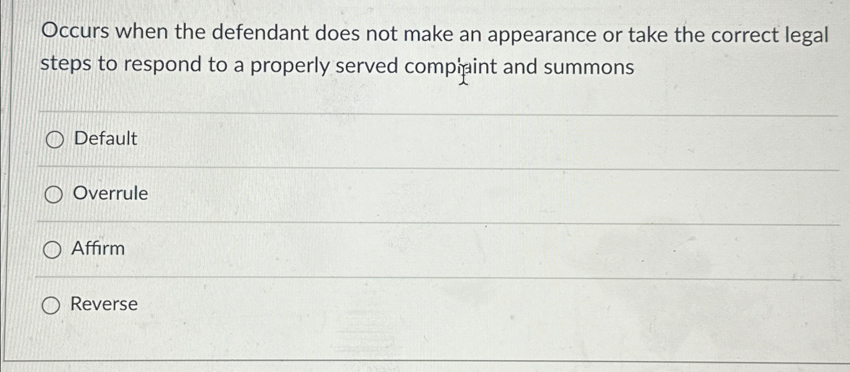 Solved Occurs when the defendant does not make an appearance | Chegg.com