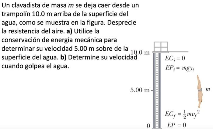 Un clavadista de masa \( m \) se deja caer desde un trampolín \( 10.0 \mathrm{~m} \) arriba de la superficie del agua, como s