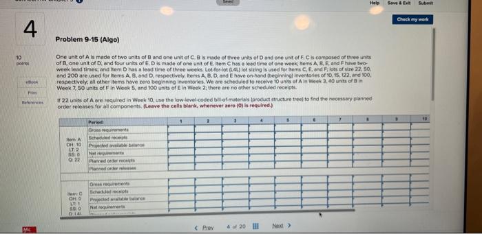 Solved ed Help Save & Submit Check my work 4 Problem 9-15 | Chegg.com