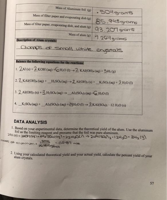 Solved Mass of Aluminum foil (8) .504 grams Mass of filter