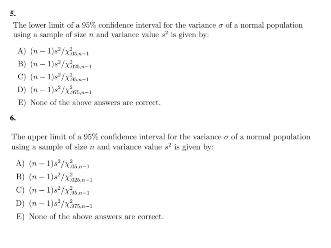 Solved 5. The lower limit of a 95% confidence interval for | Chegg.com