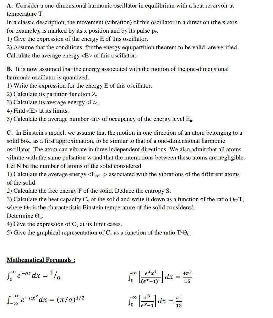Solved A. Consider a one-dimensional harmonic oscillator in | Chegg.com