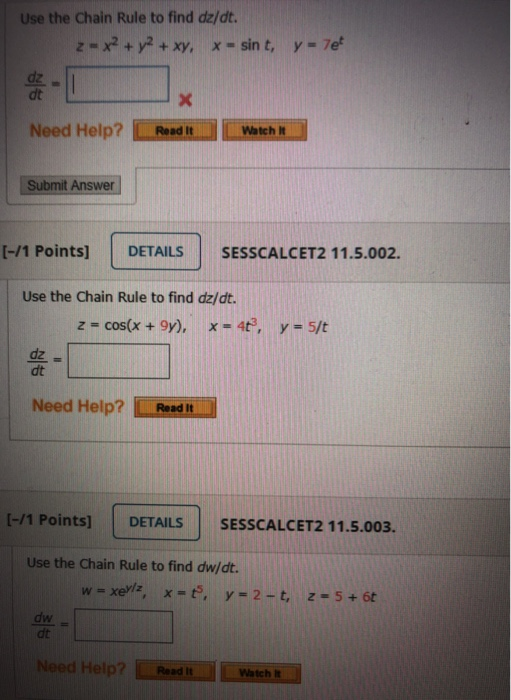 Solved Use the Chain Rule to find dz/dt. 2 x2 + y2 + xy, x