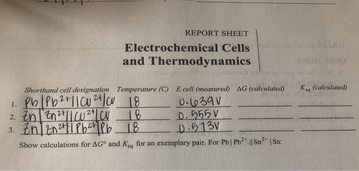 REPORT SHEET Electrochemical Cells And Thermodynamics | Chegg.com