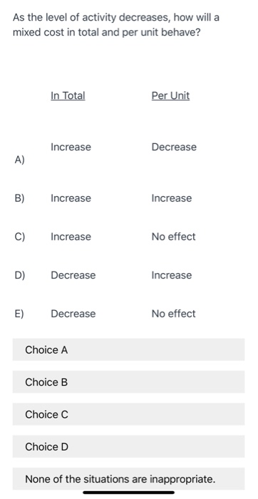 Solved As the level of activity decreases, how will a mixed | Chegg.com