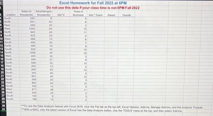 Solved Excel Homework for Fall 2022 at 6PM Do not use this | Chegg.com