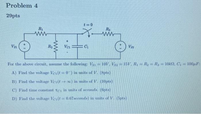 SOLVED: + U Vou(-t) L c R [2pts] In the circuit above, use V, =20V