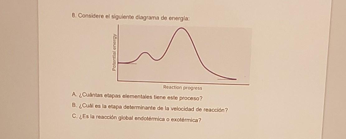 8. Considere el siguiente diagrama de energía: A. ¿Cuántas etapas elementales tiene este proceso? B. ¿Cuâl es la etapa determ