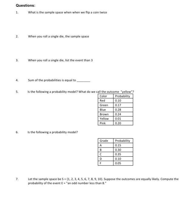Solved Questions: 1. What is the sample space when when we | Chegg.com