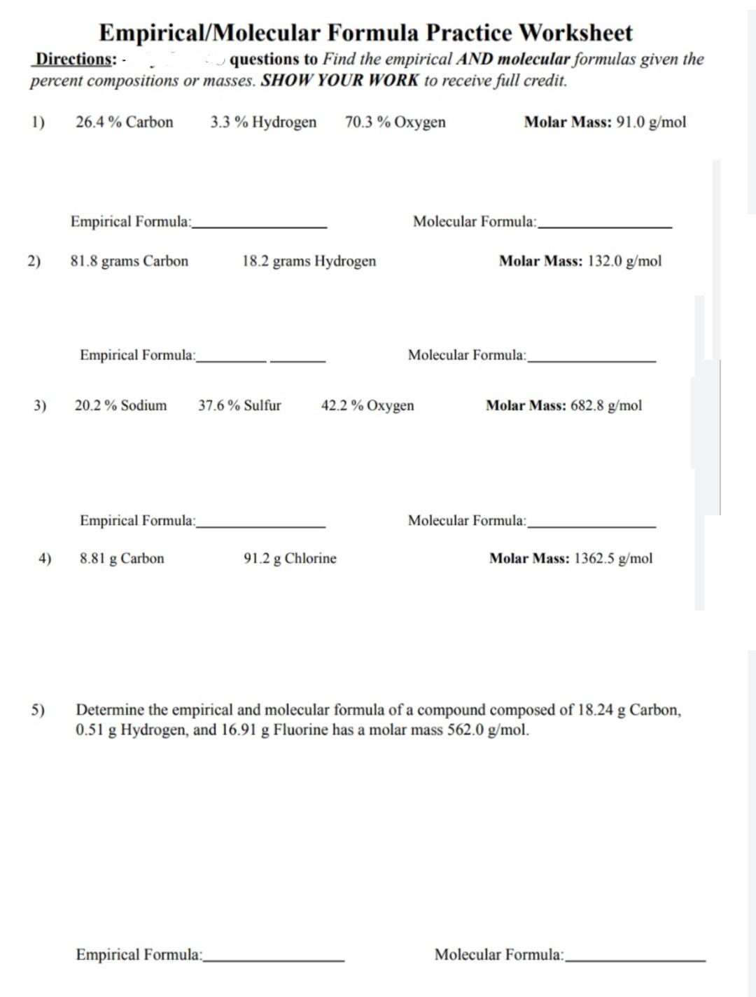 Solved Empirical/Molecular Formula Practice Worksheet