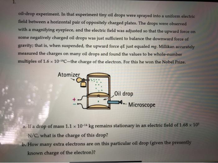 Solved oil-drop experiment. In that experiment tiny oil | Chegg.com