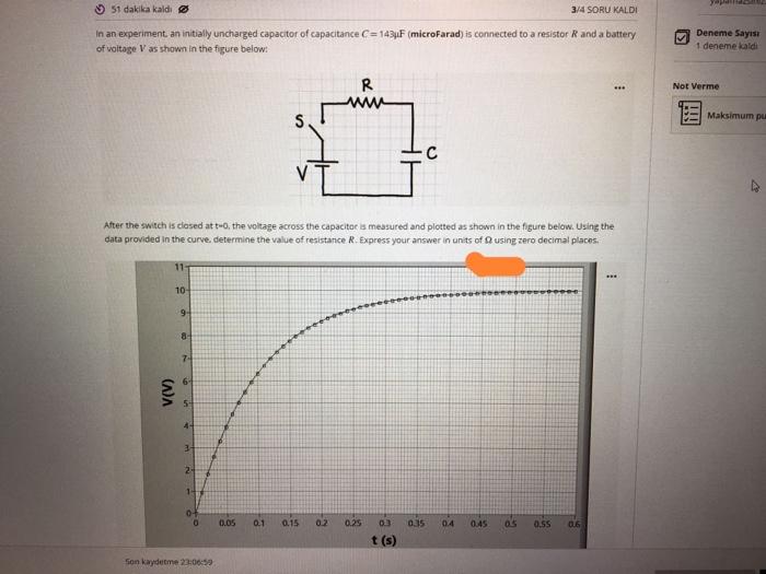 In an experiment an initially uncharged capacitor of capacitance \( C=143 \mathrm{~F} \) (microFarad) is connected to a resis