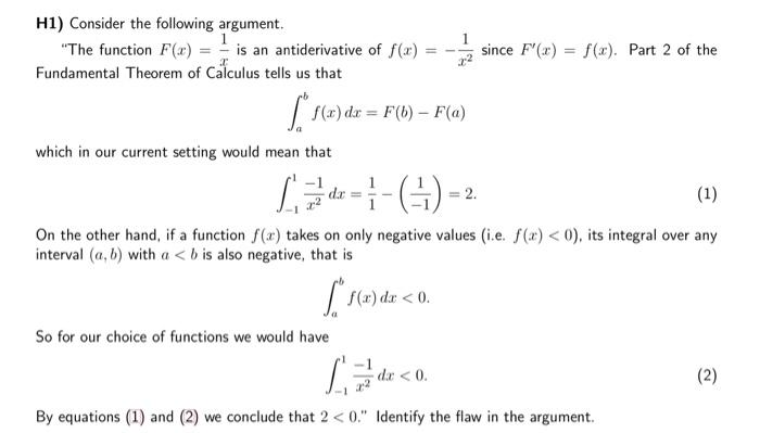 Solved H1) Consider the following argument. "The function | Chegg.com