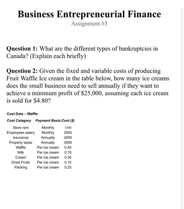 Solved Business Entrepreneurial Finance Assignment \#3 | Chegg.com