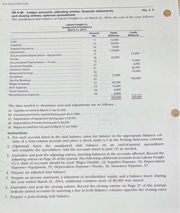 Solved The Accounting Cycle PR 44A Ledger accounts,
