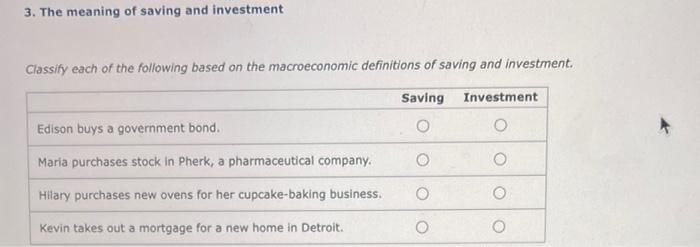 Solved 3. The meaning of saving and investment Classify each | Chegg.com