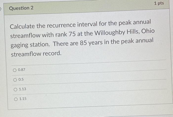 Calculate the recurrence interval for the peak annual streamflow with rank 75 at the Willoughby Hills, Ohio gaging station. T