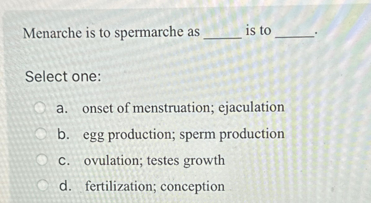 Solved Menarche is to spermarche as ﻿is to Select one:a. | Chegg.com