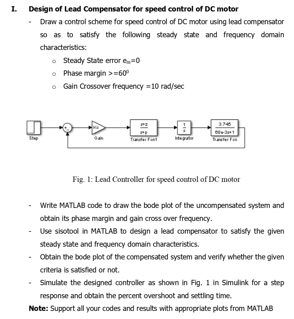 Solved I. Design of Lead Compensator for speed control of DC | Chegg.com