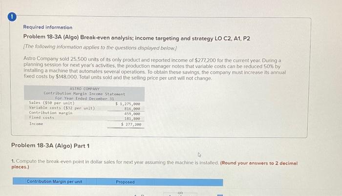 Solved Required information Problem 18-3A (Algo) Break-even | Chegg.com