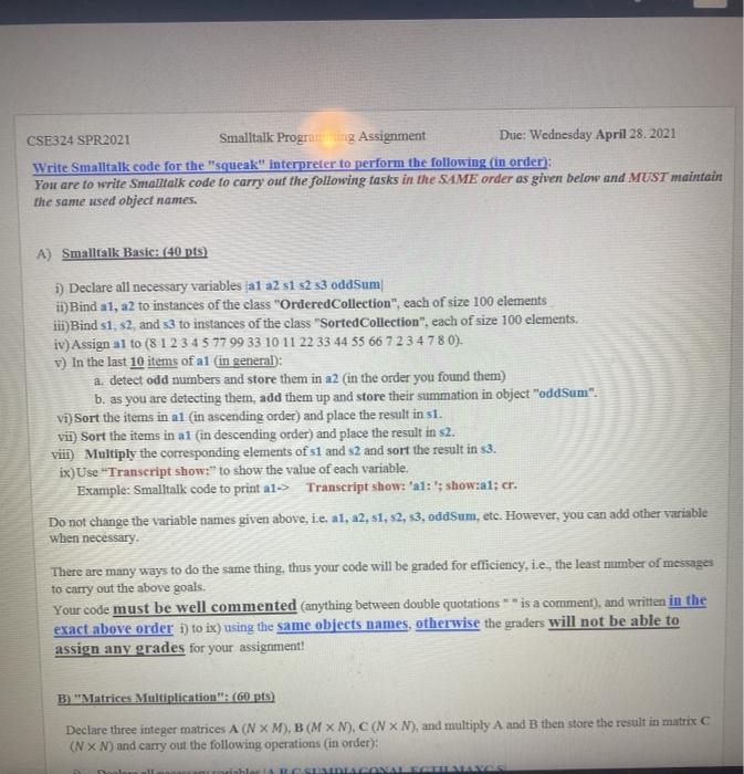 Solved Write Smalltalk code for the 