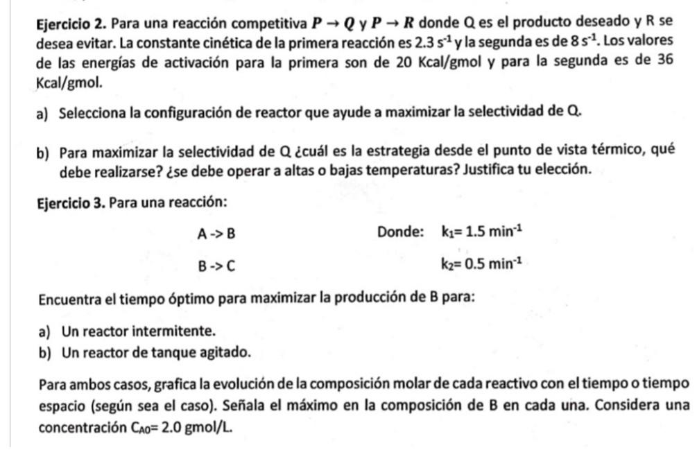 Ejercicio 2. Para una reacción competitiva \( \boldsymbol{P} \rightarrow \boldsymbol{Q} \) y \( \boldsymbol{P} \rightarrow \b