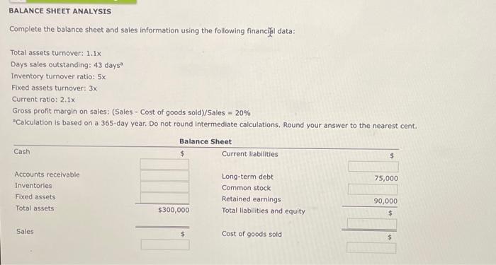 Solved BALANCE SHEET ANALYSIS Complete The Balance Sheet And | Chegg.com