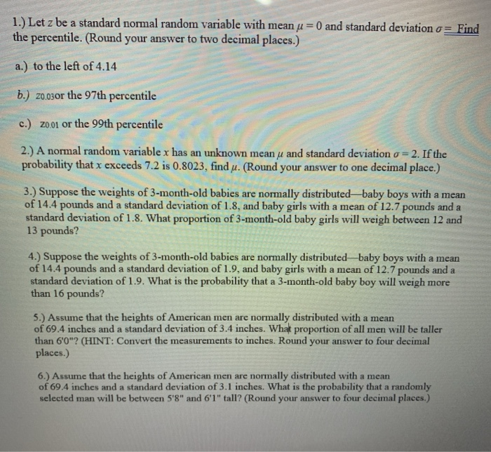 Solved 1.) Let z be a standard normal random variable with | Chegg.com