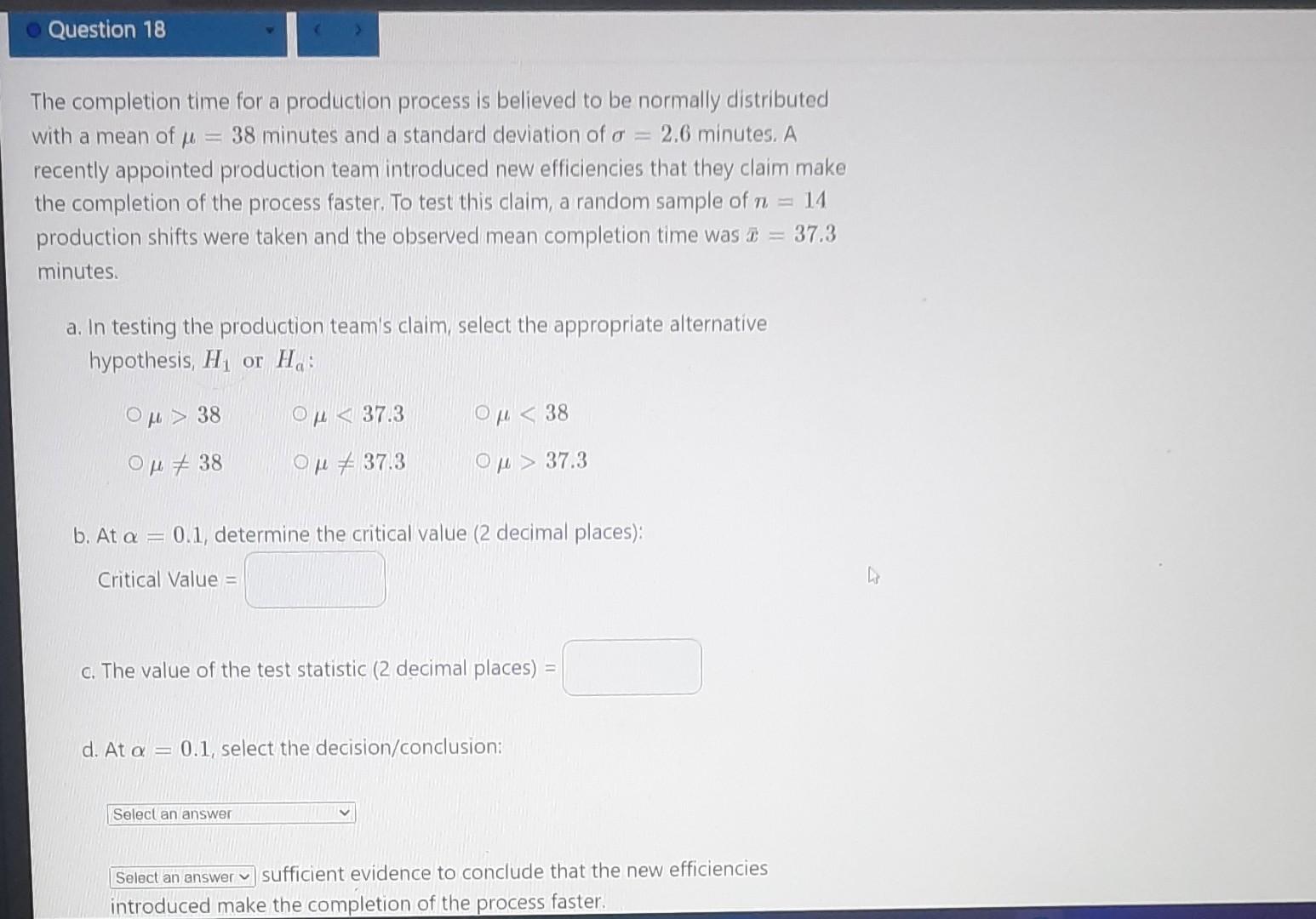Solved The completion time for a production process is | Chegg.com