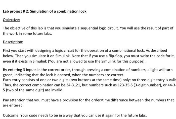 Lab project # 2: Simulation of a combination lock | Chegg.com