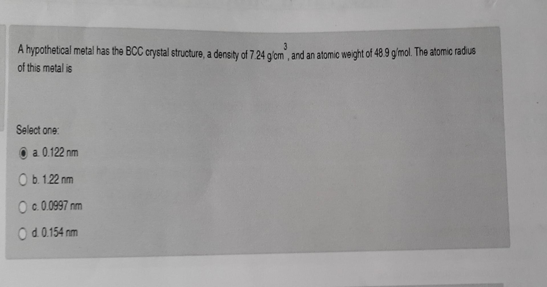 Solved 3 A hypothetical metal has the BCC crystal structure, | Chegg.com