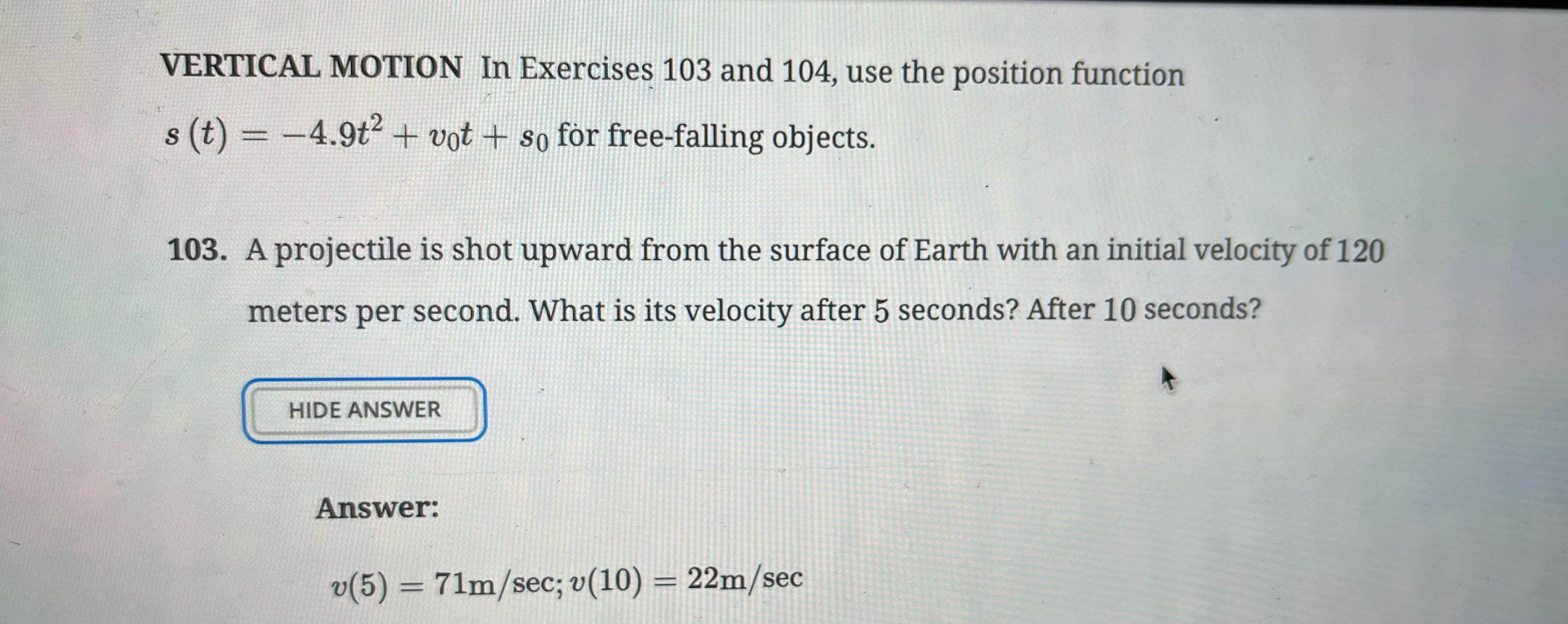 Solved VERTICAL MOTION In Exercises 103 ﻿and 104, ﻿use the | Chegg.com