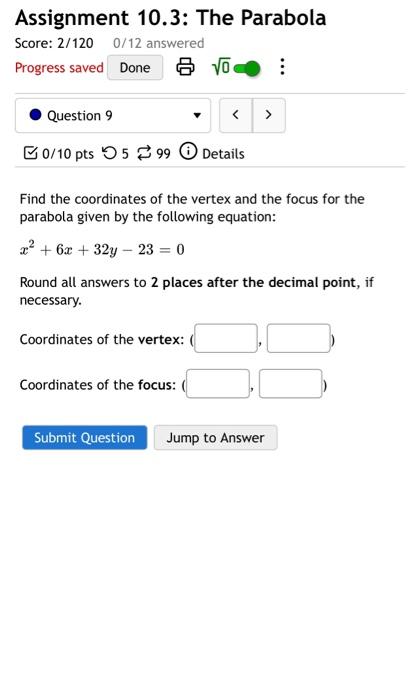 Solved Assignment 10.3: The Parabola Score: 2/1200/12 | Chegg.com