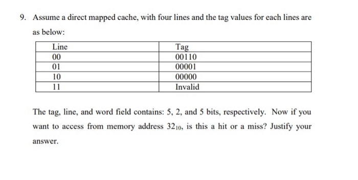 Solved 9. Assume a direct mapped cache, with four lines and | Chegg.com
