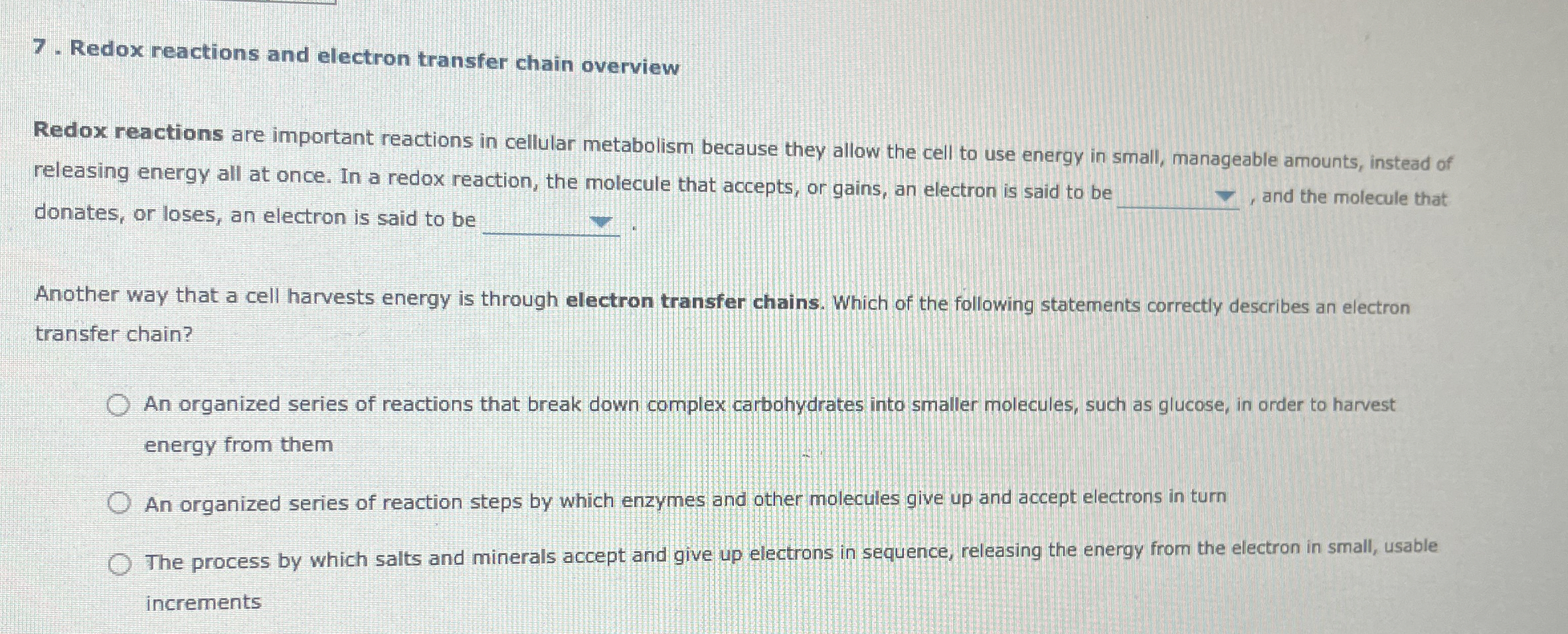 Solved Redox reactions and electron transfer chain | Chegg.com