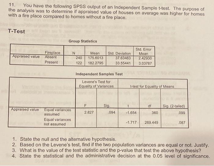 Solved 11. You have the following SPSS output of an | Chegg.com