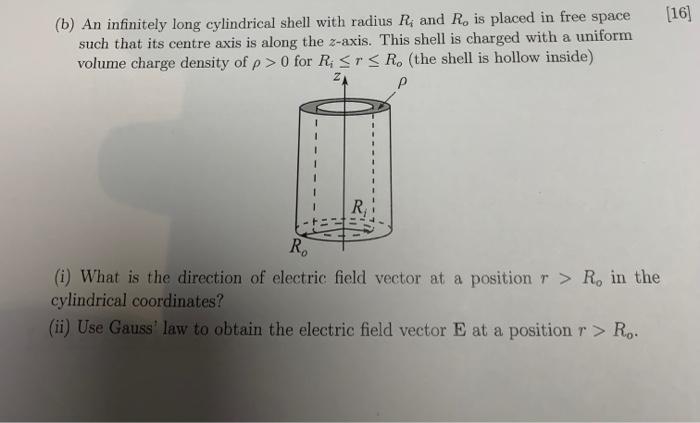 (b) An infinitely long cylindrical shell with radius \( R_{i} \) and \( R_{0} \) is placed in free space such that its centre
