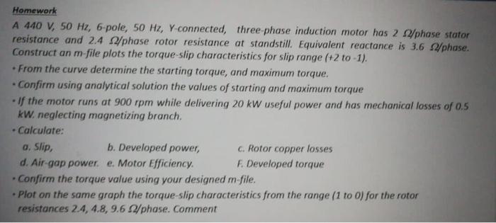 Solved Homework A 440 V, 50 Hz, 6-pole, 50 Hz, Y-connected, | Chegg.com