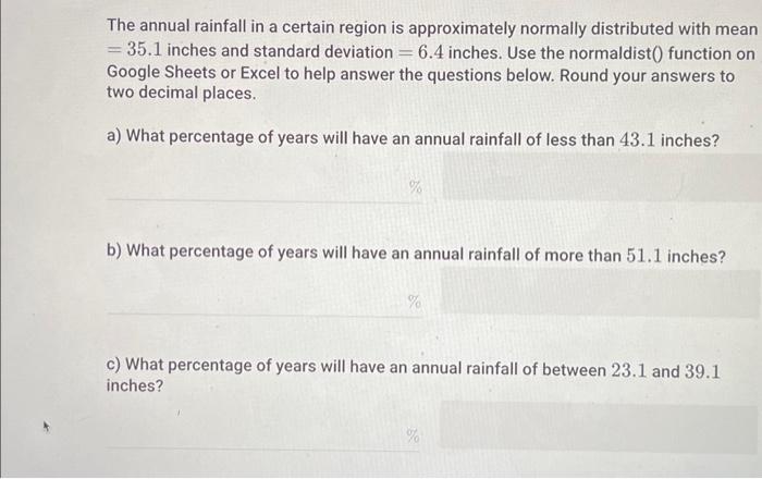Solved The annual rainfall in a certain region is | Chegg.com