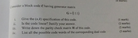 Solved consider a block code C having generator | Chegg.com