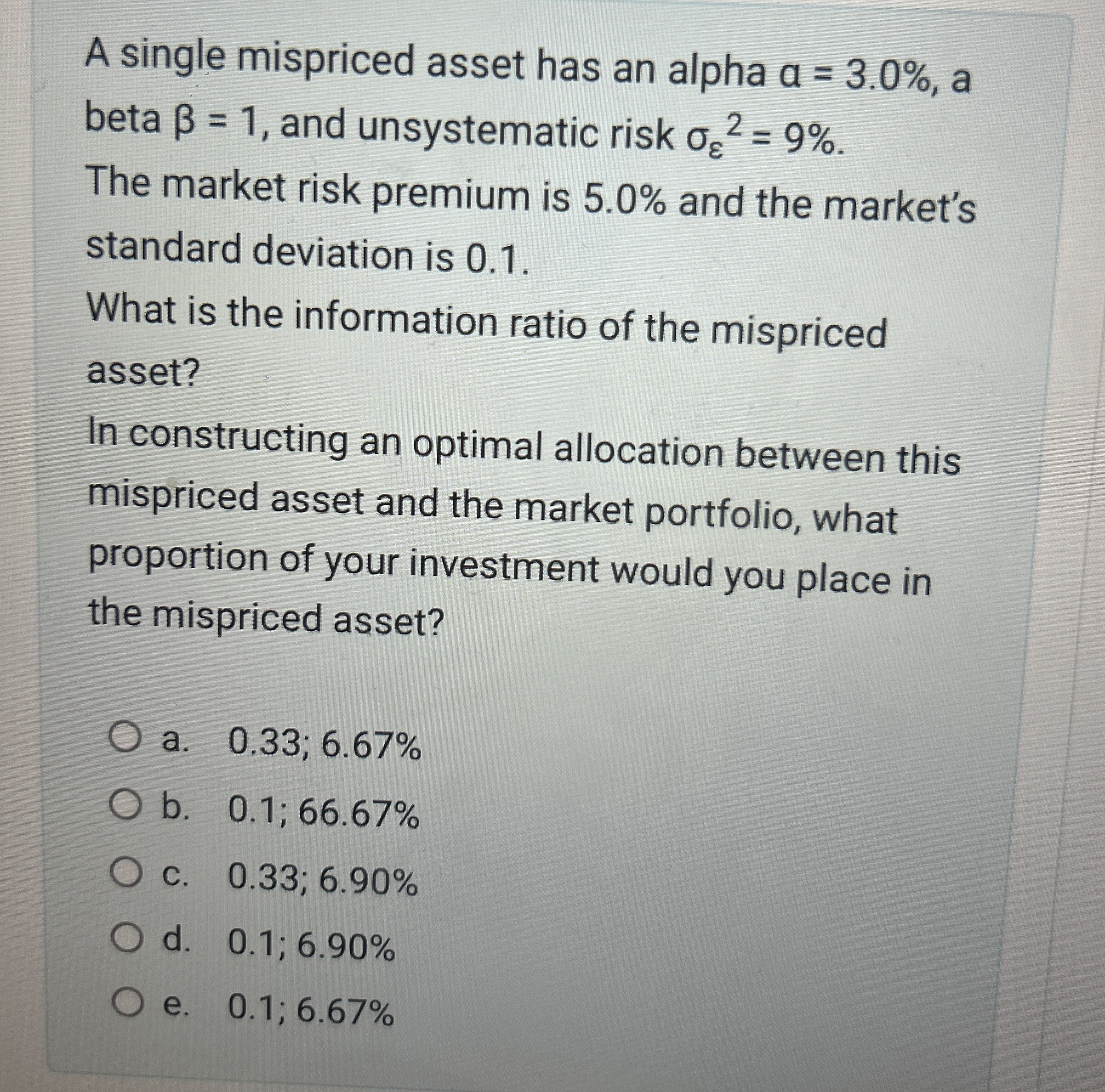 Solved A single mispriced asset has an alpha a=3.0%, ﻿a beta | Chegg.com