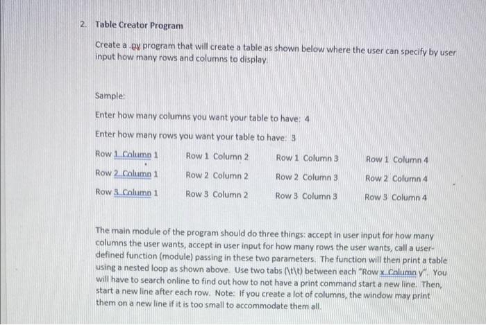 Solved 2. Table Creator Program Create a .py program that | Chegg.com