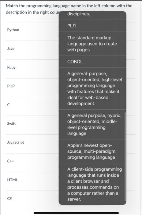 Solved Match the programming language name in the left | Chegg.com