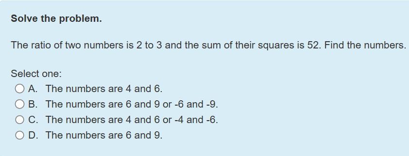 Solved Solve the problem.The ratio of ﻿two numbers is 2 to 3 | Chegg.com
