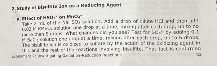 Solved 2. Study of Bisulfite Ion as a Reducing Agent a. | Chegg.com