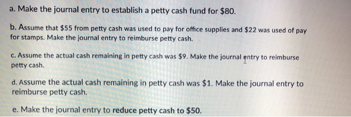 Solved a. Make the journal entry to establish a petty cash | Chegg.com