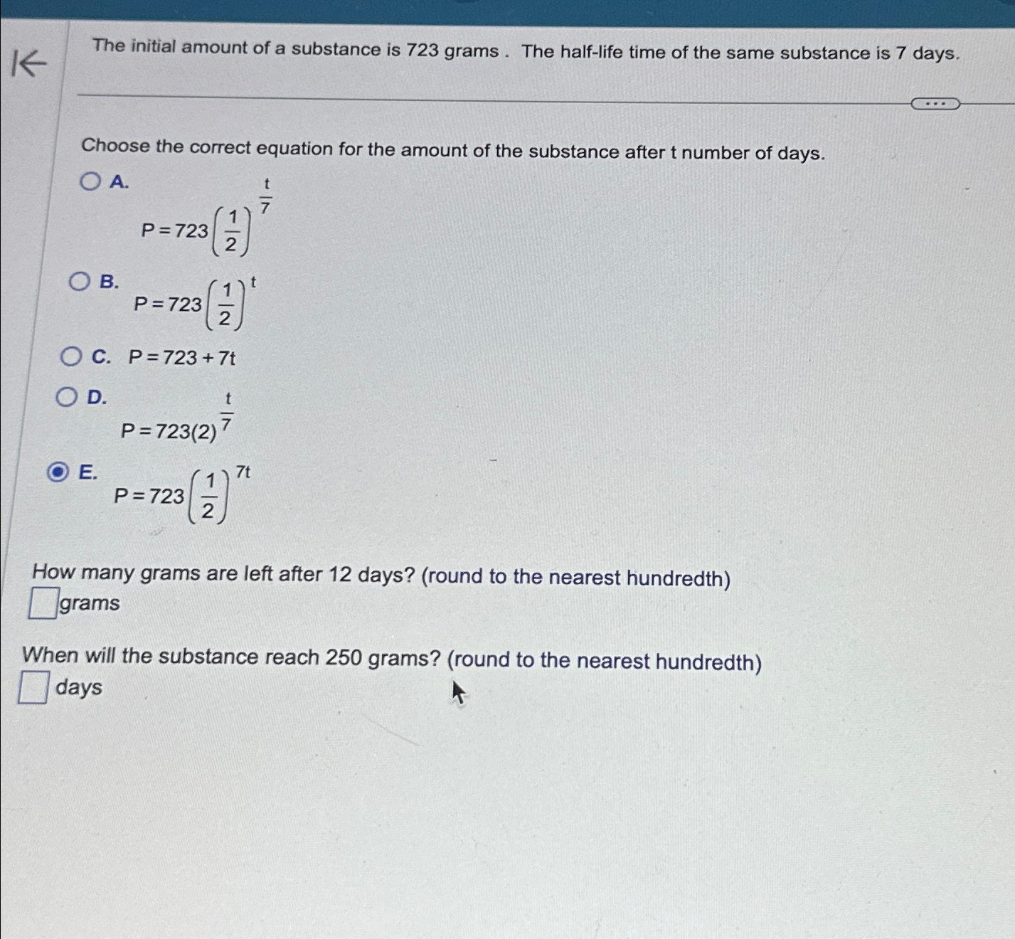 Solved The initial amount of a substance is 723 ﻿grams. The | Chegg.com