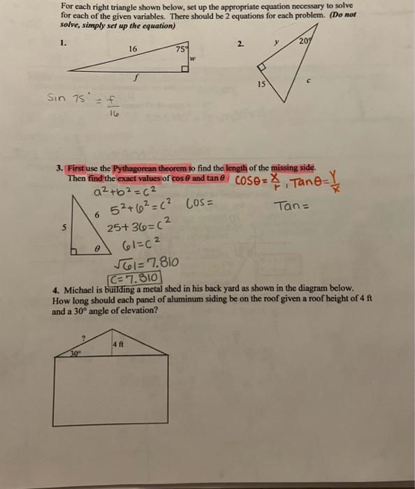 Solved For Each Right Triangle Shown Below, Set Up The 